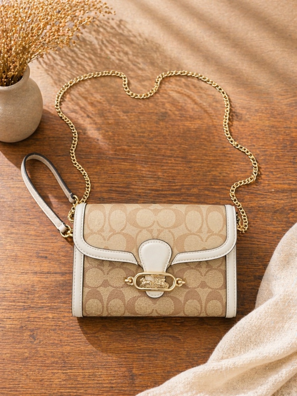 Coach Beige Signature Canvas Crossbody with Chalk Trim